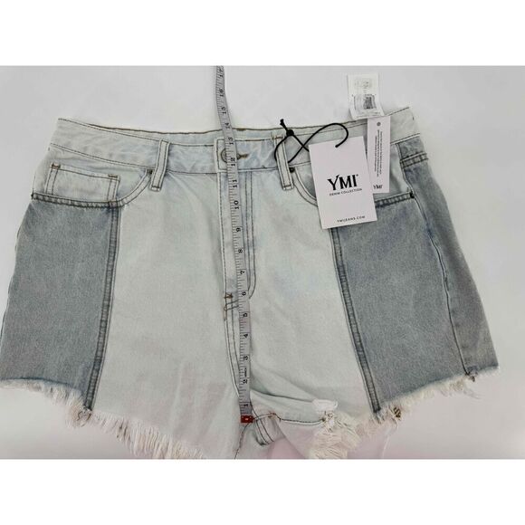 NWT YMI Color Block Two Tone Denim Shorts High Waisted Frayed Hem Festival 11 30 - Picture 5 of 5